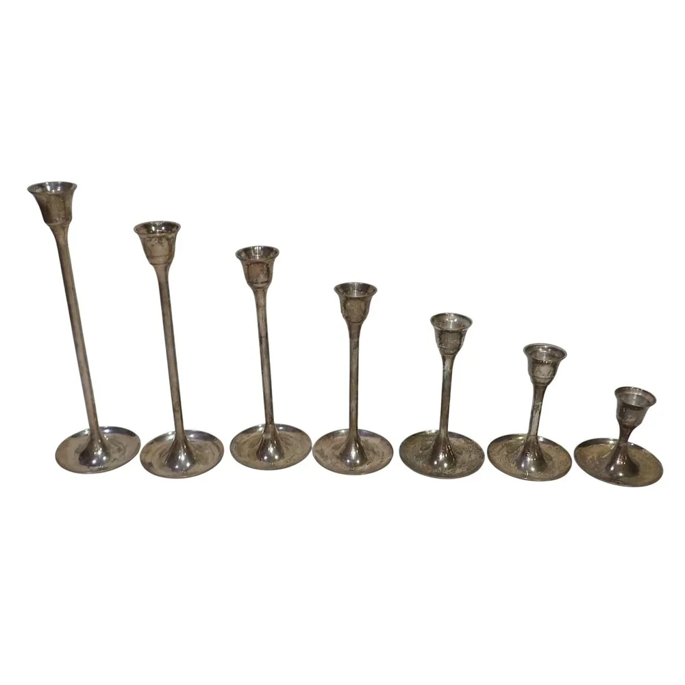 Vtg MCM Silver Plated Graduated Taper Candlestick Holders Set of 7 Graduating